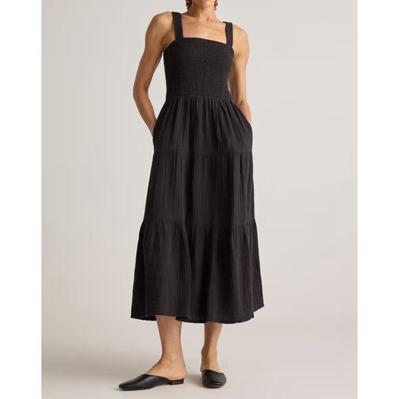 Quince NWOT Organic Cotton Gauze Smocked Sleeveless Maxi Dress Black Sz Med Eco - Picture 1 of 13